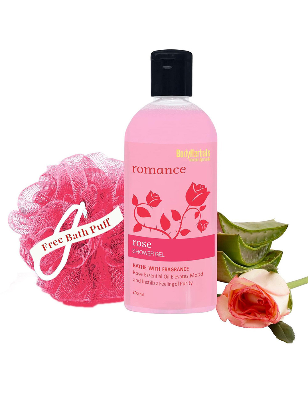 BodyHerbals Set of Rose Shower Gel With Aloe Vera & Loofah - 200 ml
