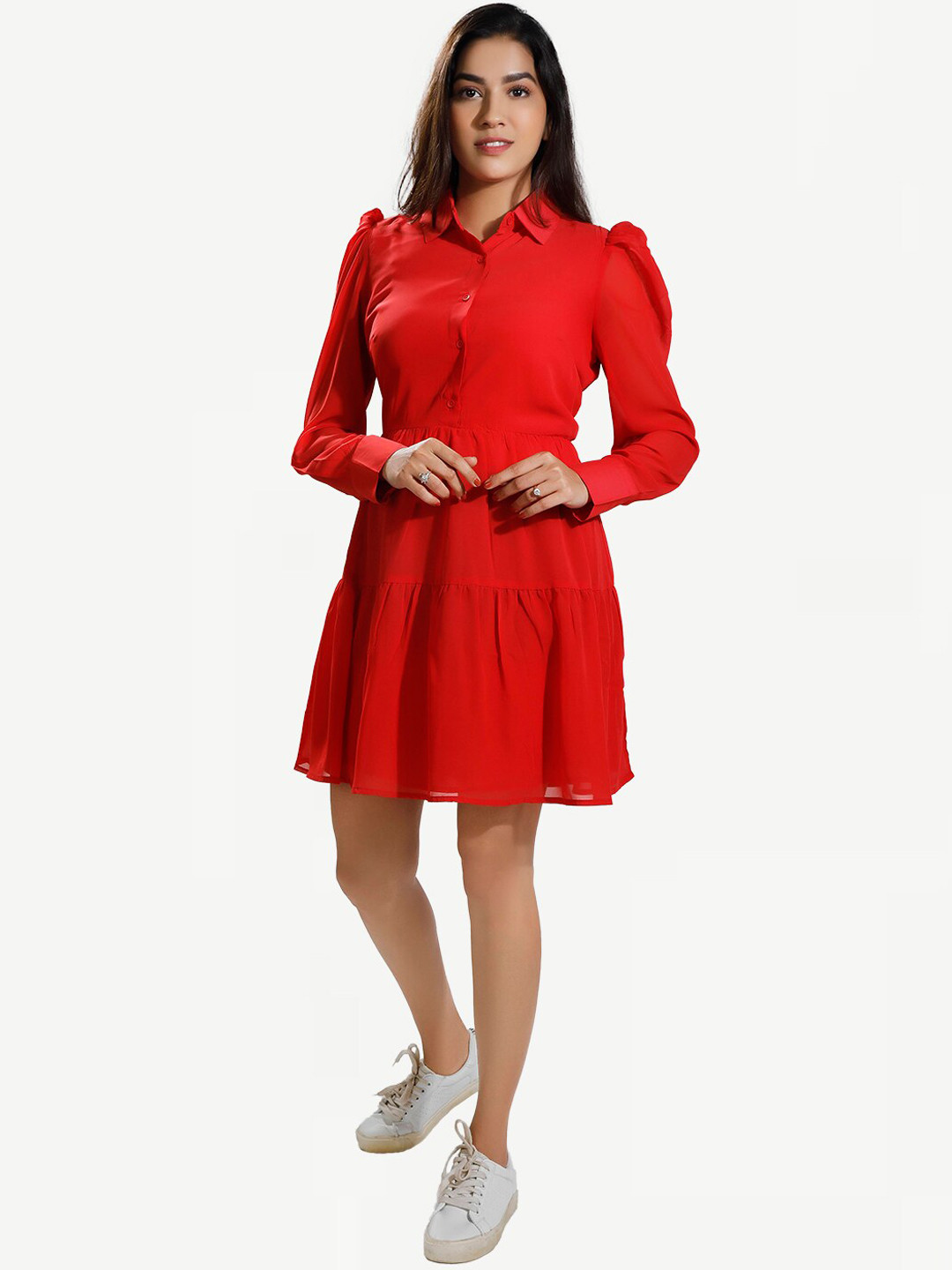 Dream of Glory Inc Red Layered Georgette Formal Shirt Dress