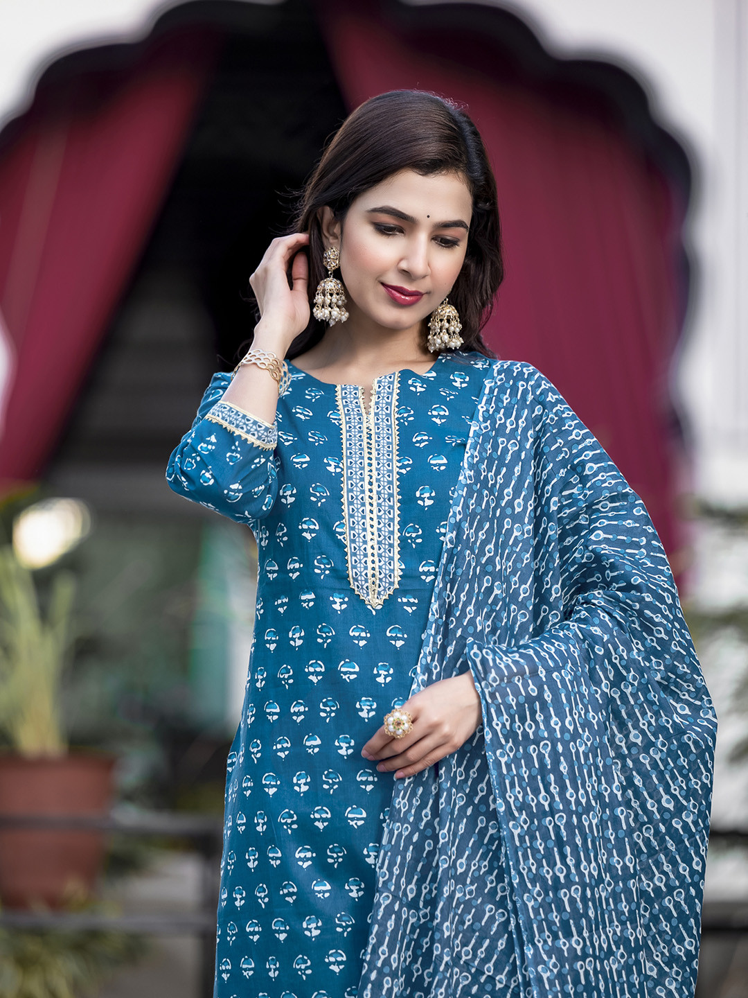 KALINI Women Turquoise Blue Printed Cotton Kurta with Trousers With Dupatta