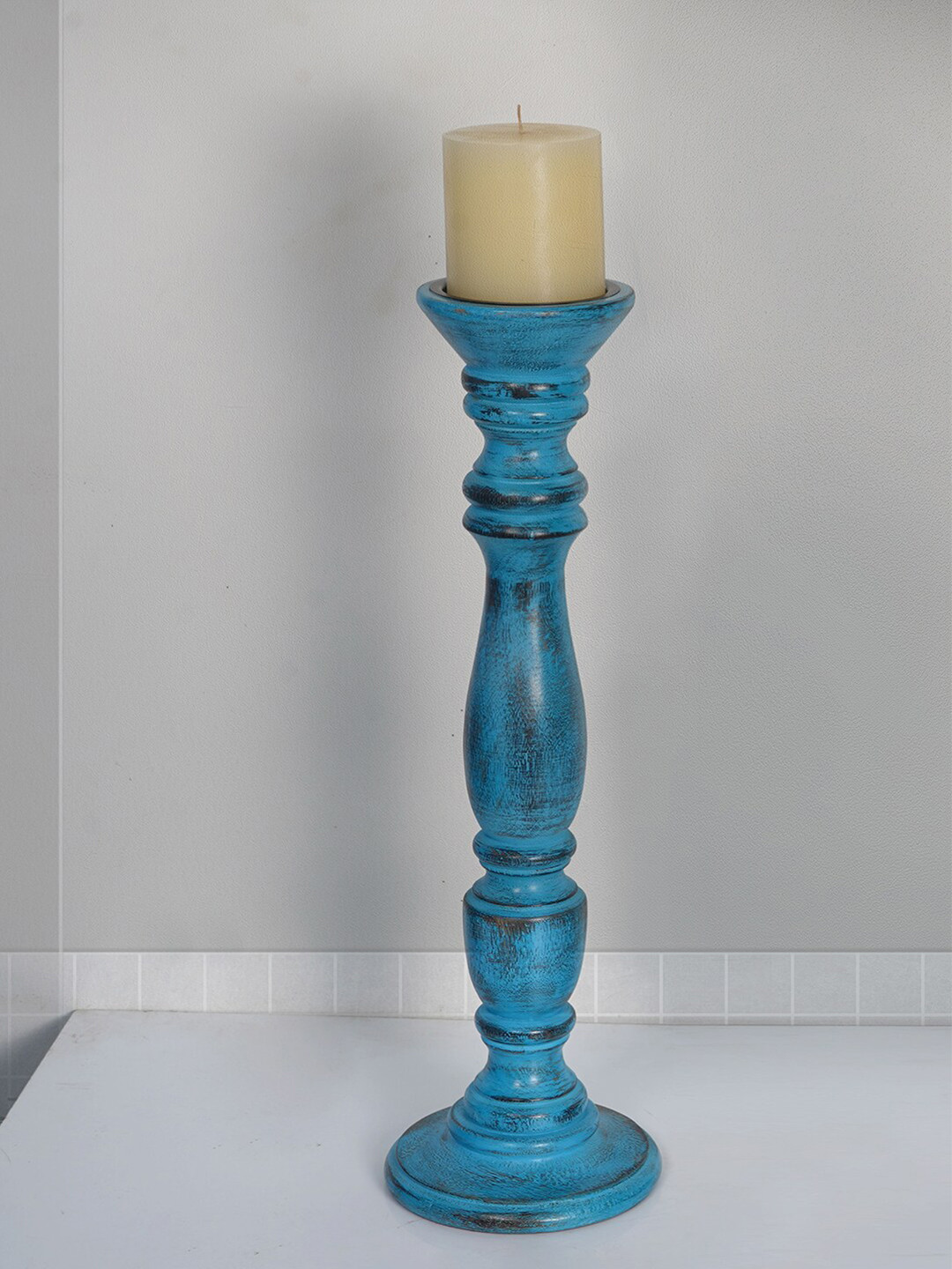 Fos Lighting Blue 18 Inches Wooden Pillar Candle Stand
