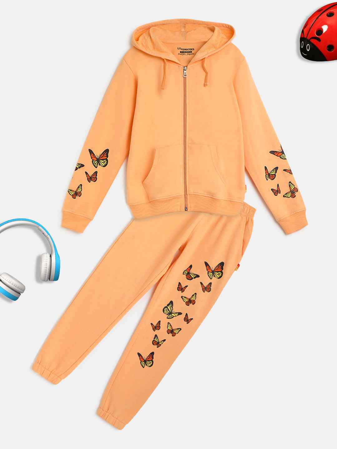 Lil Tomatoes Girls Peach-Coloured Pure Cotton Track Suit