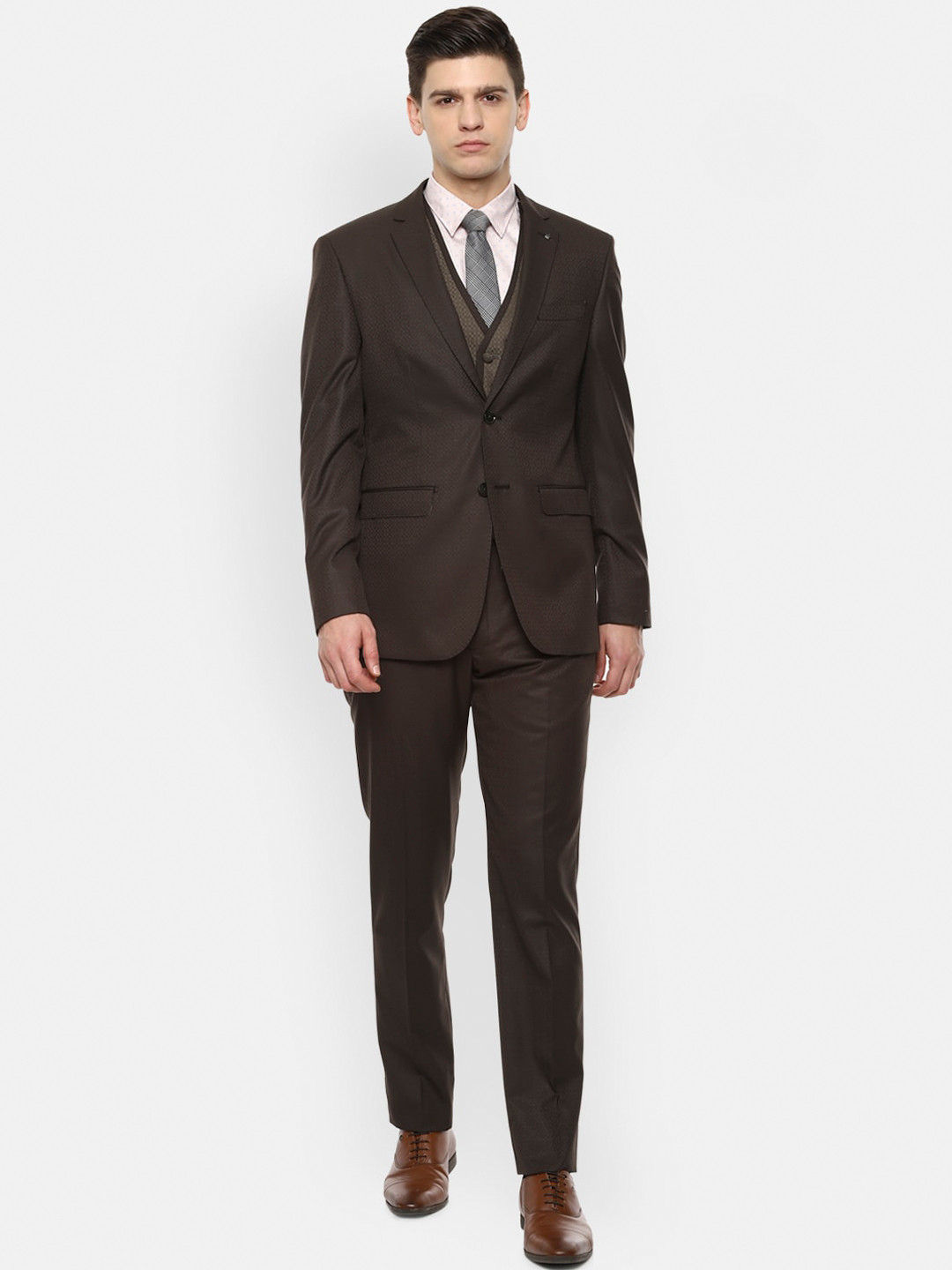 Louis Philippe Gods & Kings Men Brown Self-Design Slim-Fit Single-Breasted Three-Piece Formal Suit