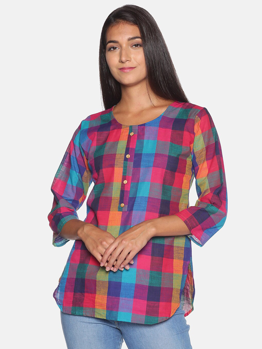 SAHORA Pink & Green Checked Pure Cotton Tunic