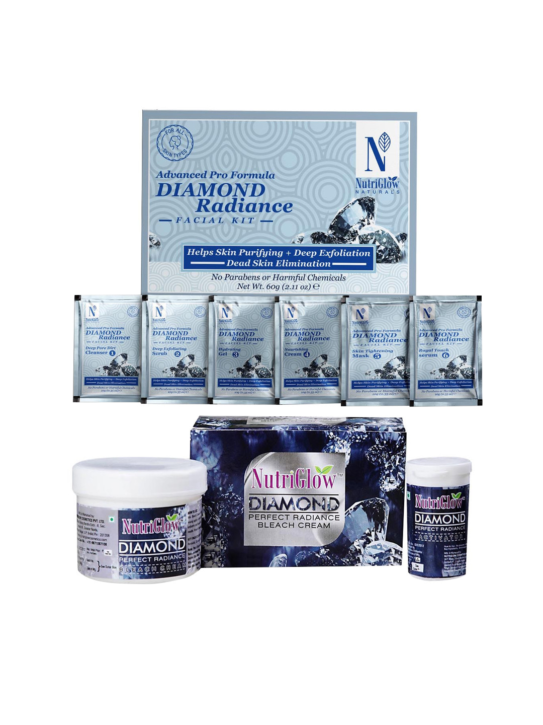 NutriGlow Naturals Set of Diamond Radiance Facial Kit 60g & Diamond Perfect Bleach 43g