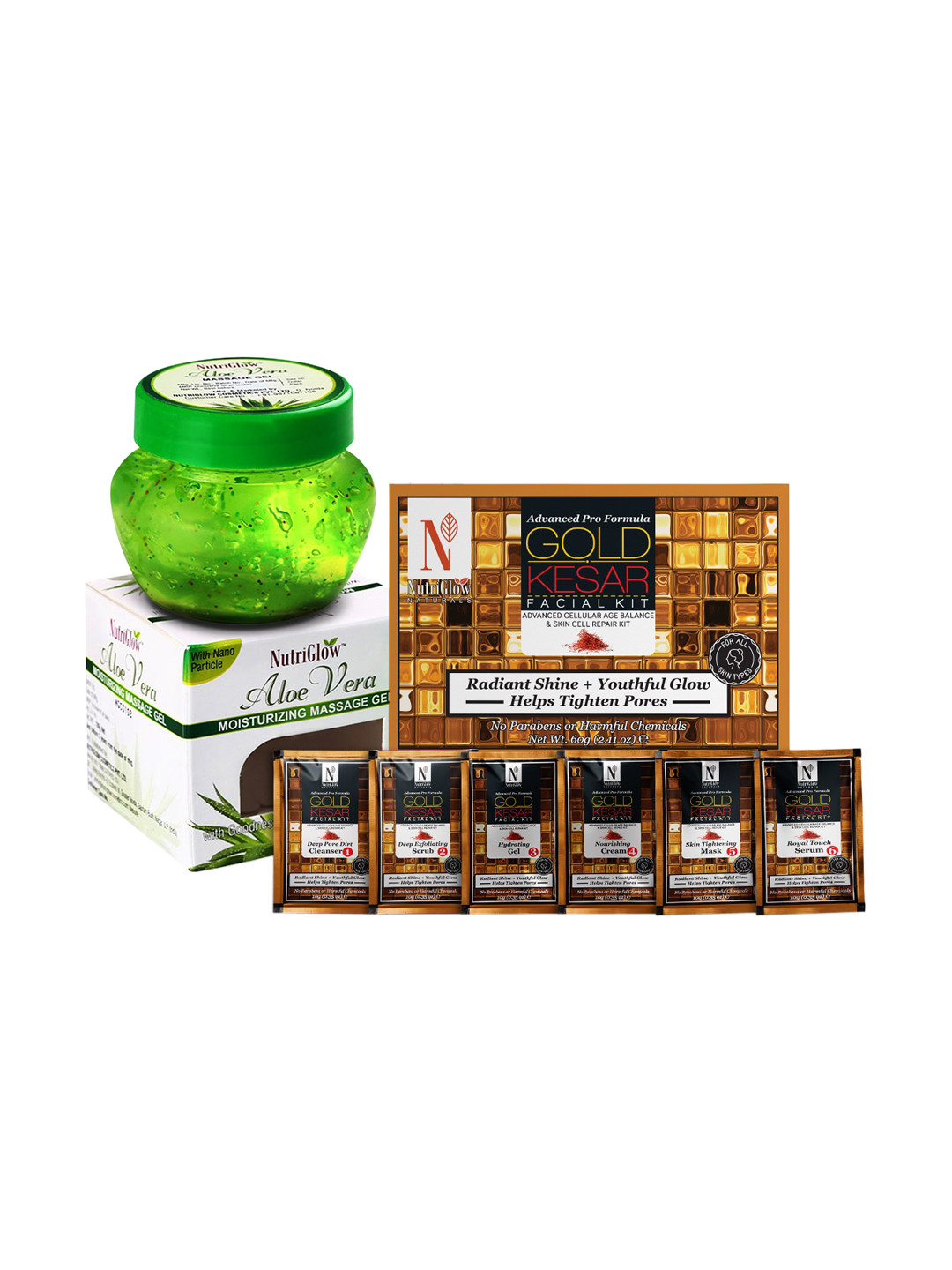 NutriGlow Naturals Set of Gold Kesar Facial Kit 60 g & Aloe Vera Massage Gel 100 g