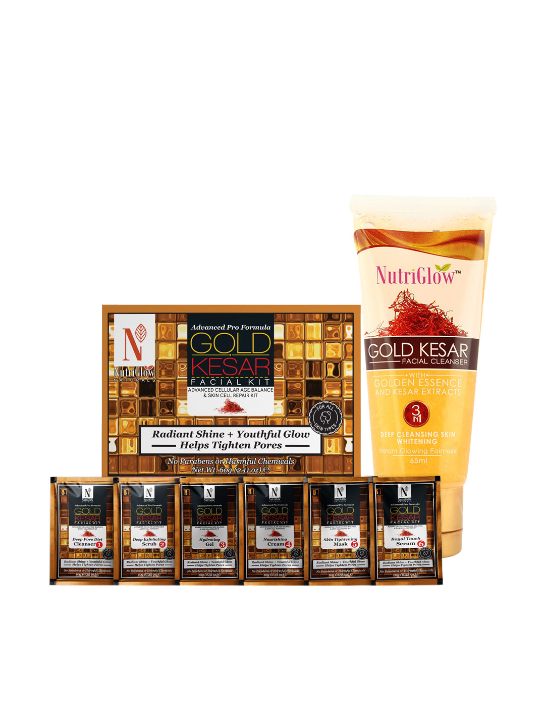NutriGlow Naturals Gold Kesar Facial Kit -60gm Gold Kesar Facial Cleanser -65ml