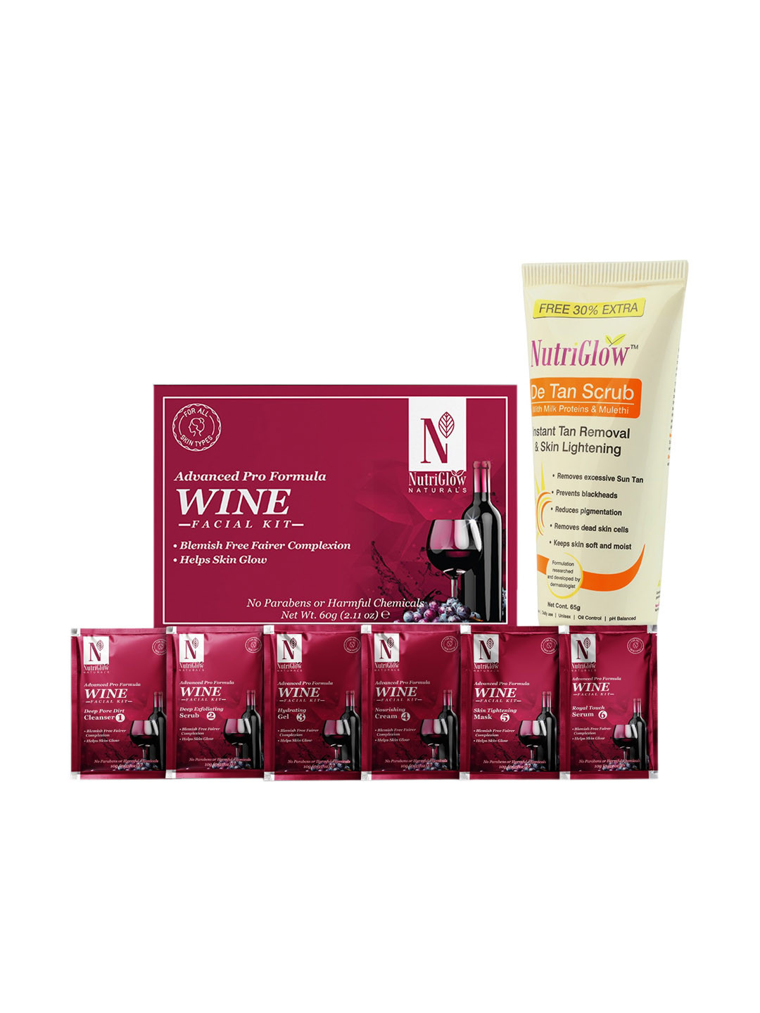 NutriGlow Naturals Wine Facial Kit -60gm and De Tan Scrub -65gm