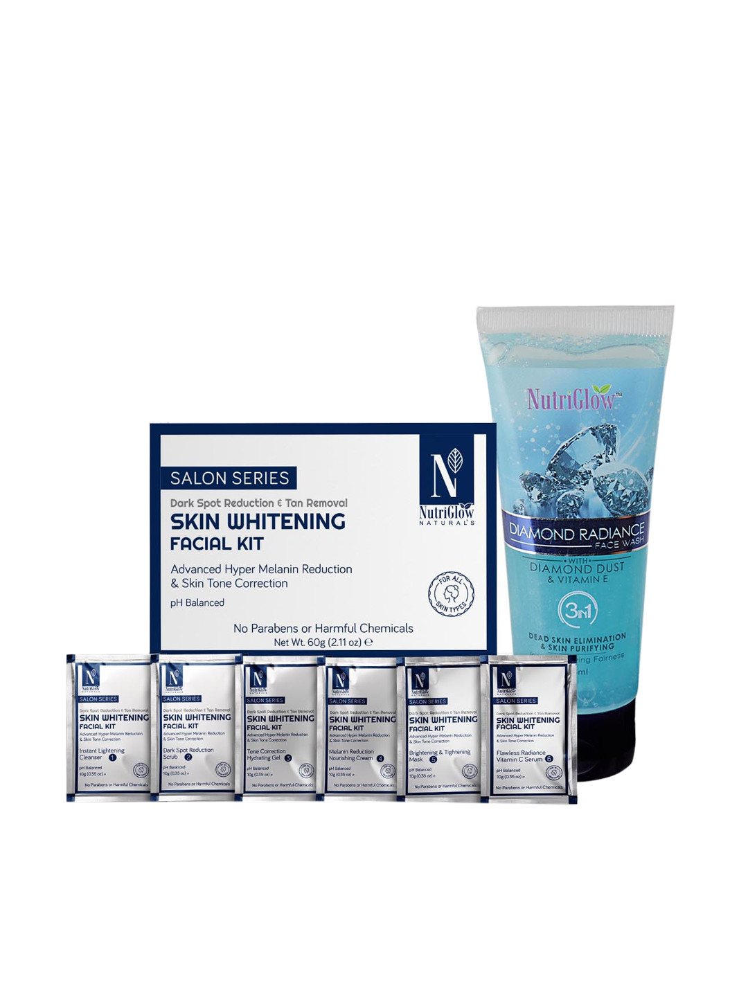 NutriGlow Naturals Skin Whitening Facial Kit (60gm) and Diamond Face Wash (65ml)