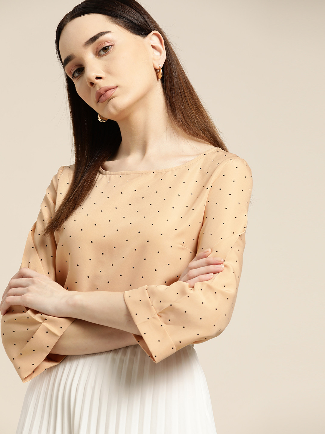 her by invictus Beige & Black Dotted Print Top