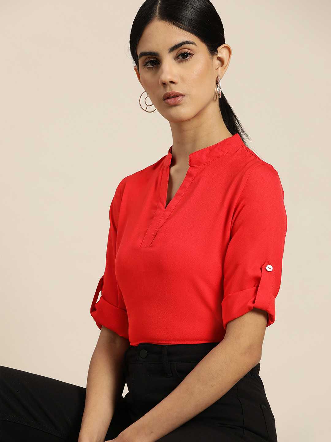 her by invictus Red Solid Roll-Up Sleeves Top