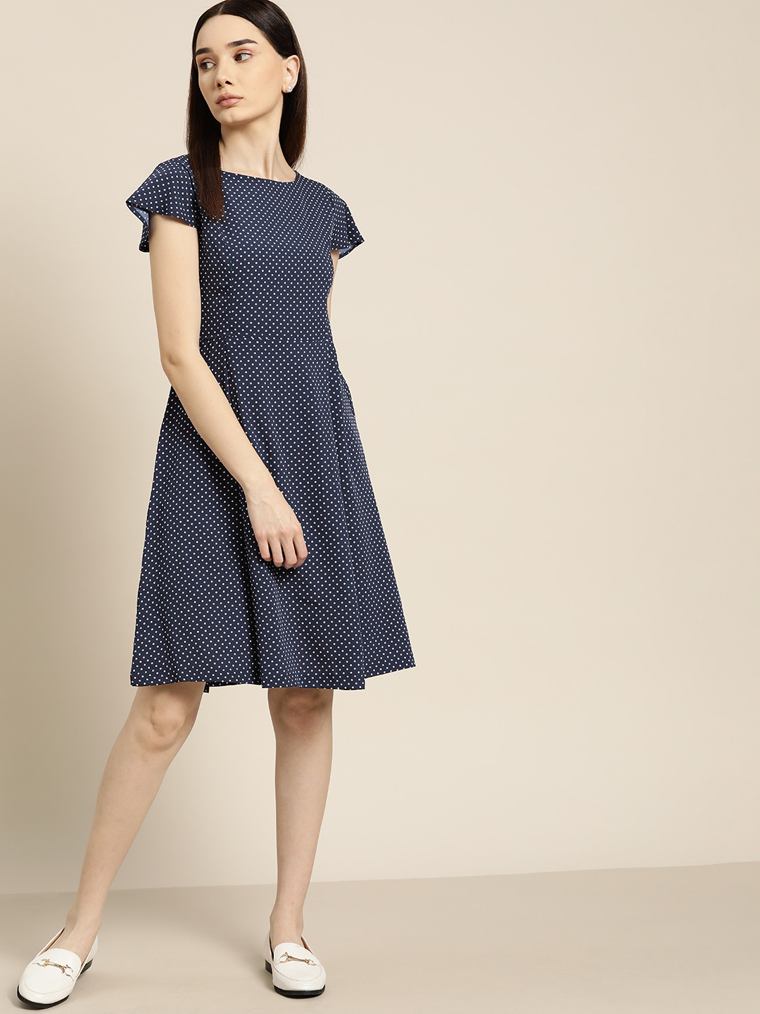 her by invictus Navy Blue & White Dotted Print A-Line Dress
