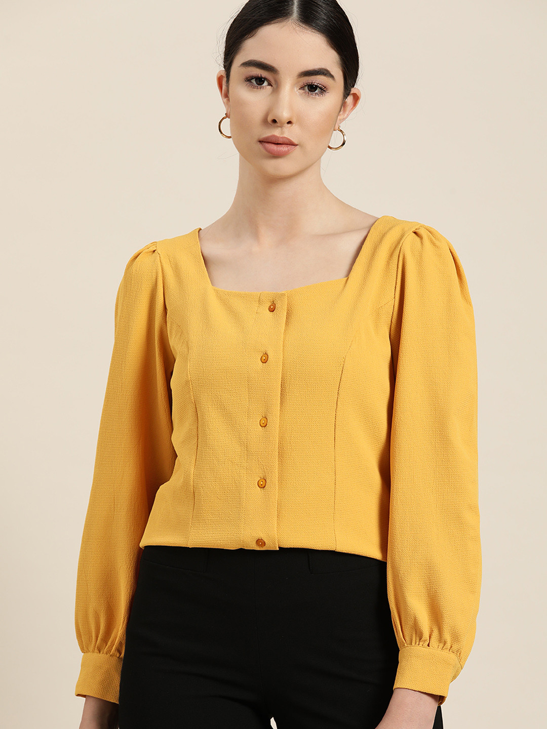 her by invictus Women Mustard Yellow Solid Regular Top