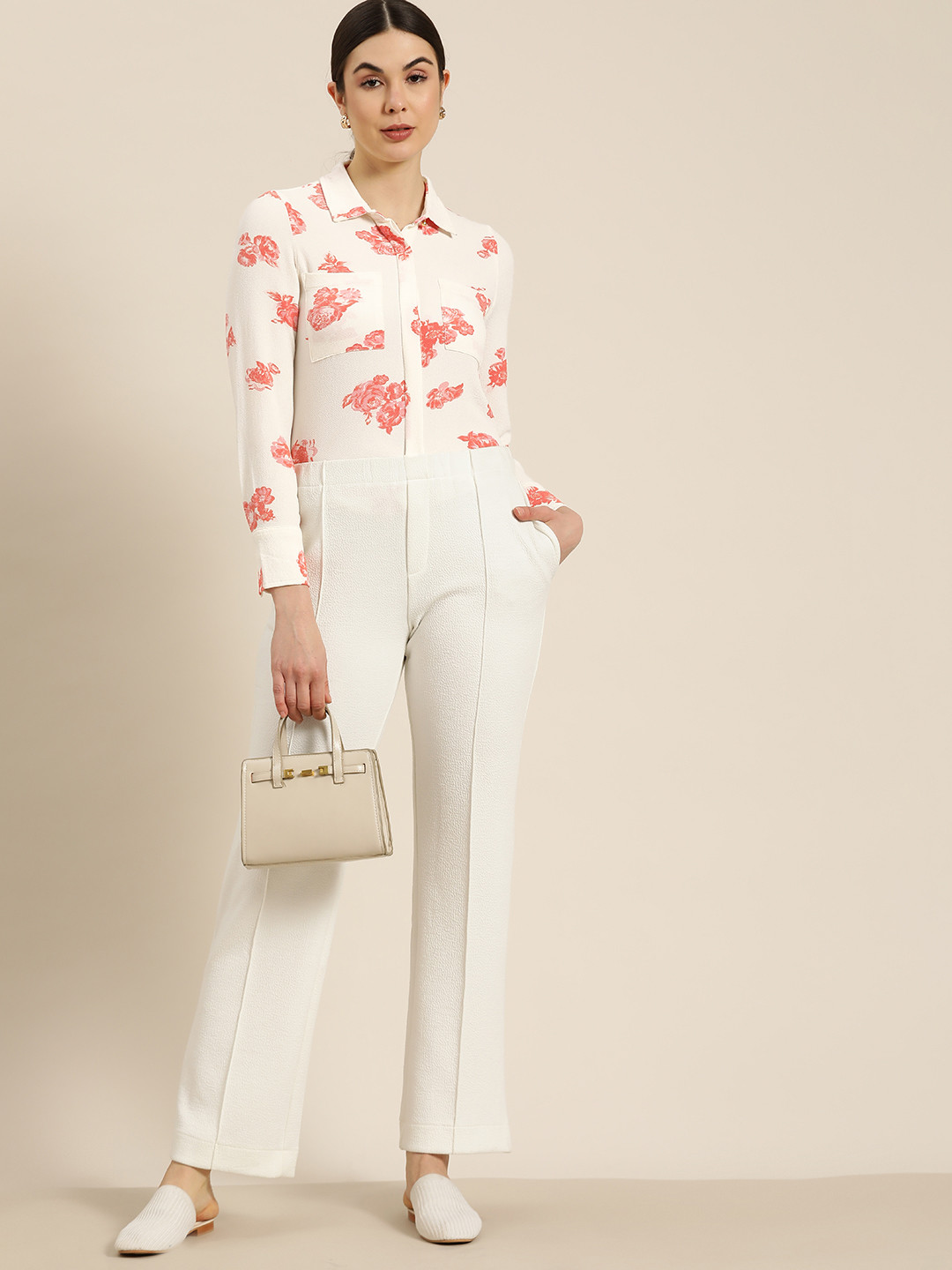 her by invictus Women Off White & Pink Textured Floral Printed Formal Shirt