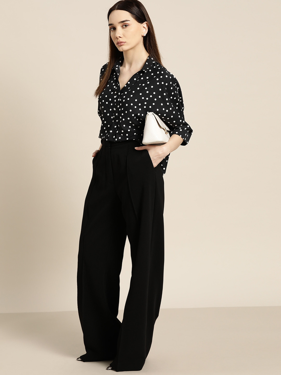 her by invictus Black & White Polka Dots Print Extended Sleeves Oversized Shirt Style Top