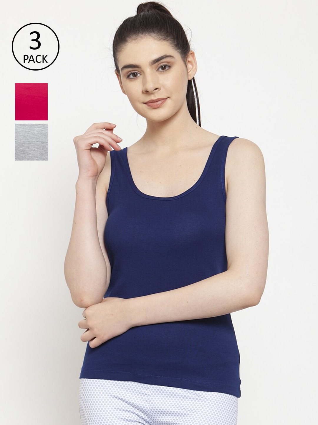 Friskers Women Navy Blue & Grey 3 Pure Cotton Tank Tops