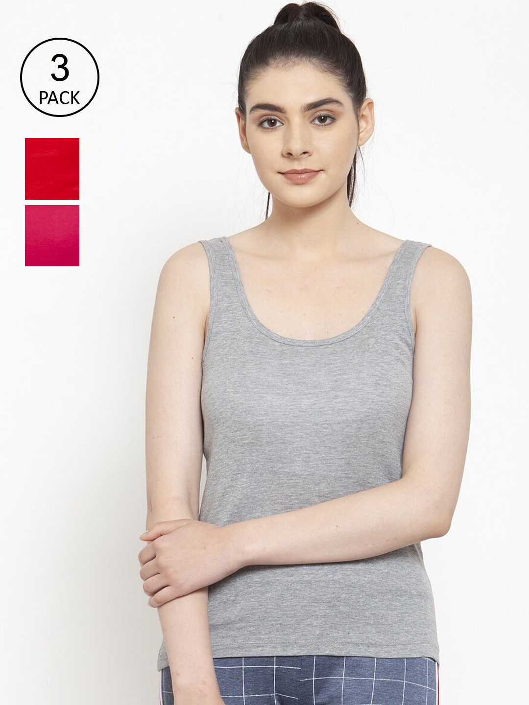 Friskers Pack Of 3 Women Red Grey & Pink Cotton Tank Tops