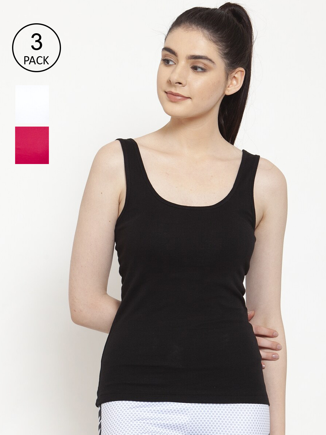Friskers Women Black & White 3 Pure Cotton Tank Tops