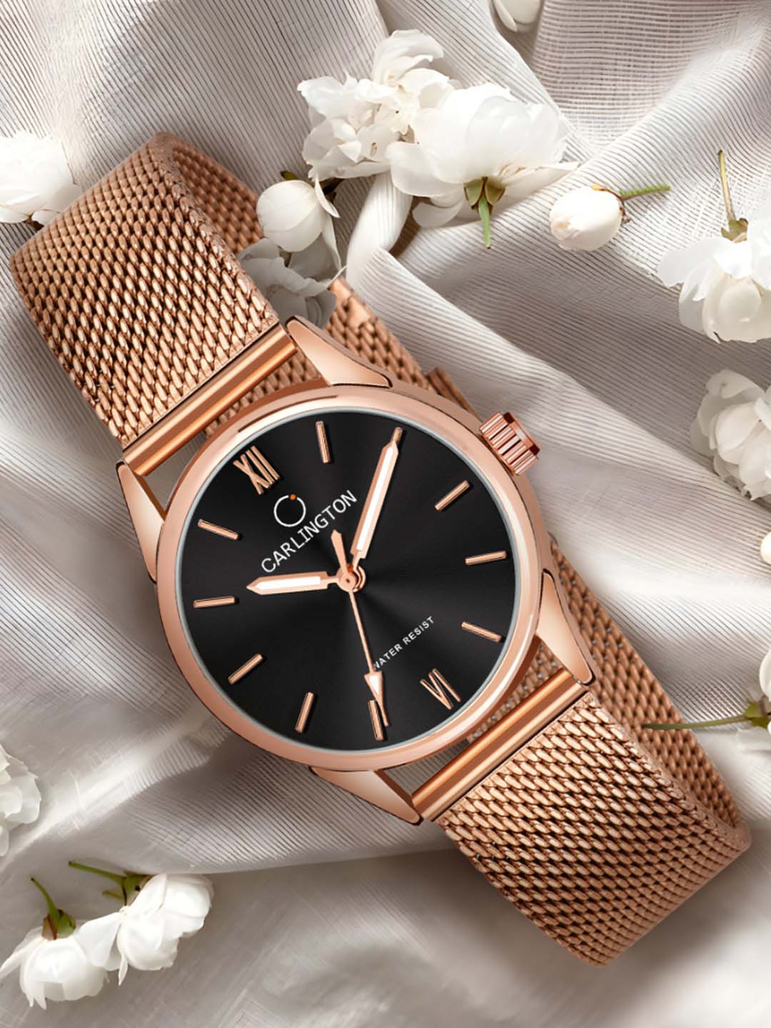 CARLINGTON Women Black Dial & Rose Gold Toned Stainless Steel Bracelet Style Straps Analogue Watch