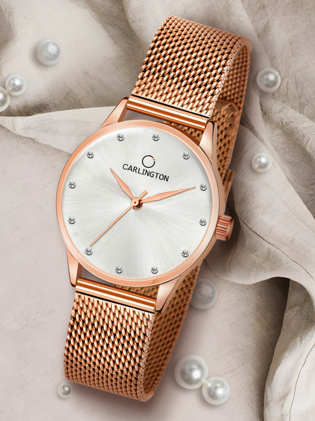 CARLINGTON Cream-Coloured Dial & Rose Gold Toned Stainless Steel Bracelet Watch CT2009