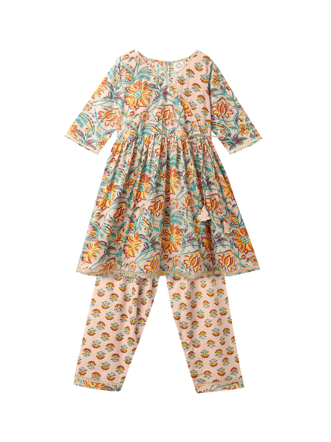 Cub McPaws Girls Multicoloured Ethnic Motifs Printed Pleated Pure Cotton Kurti with Salwar