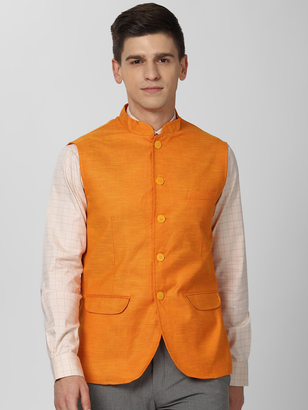 Peter England Elite Men Orange Solid Nehru Jacket