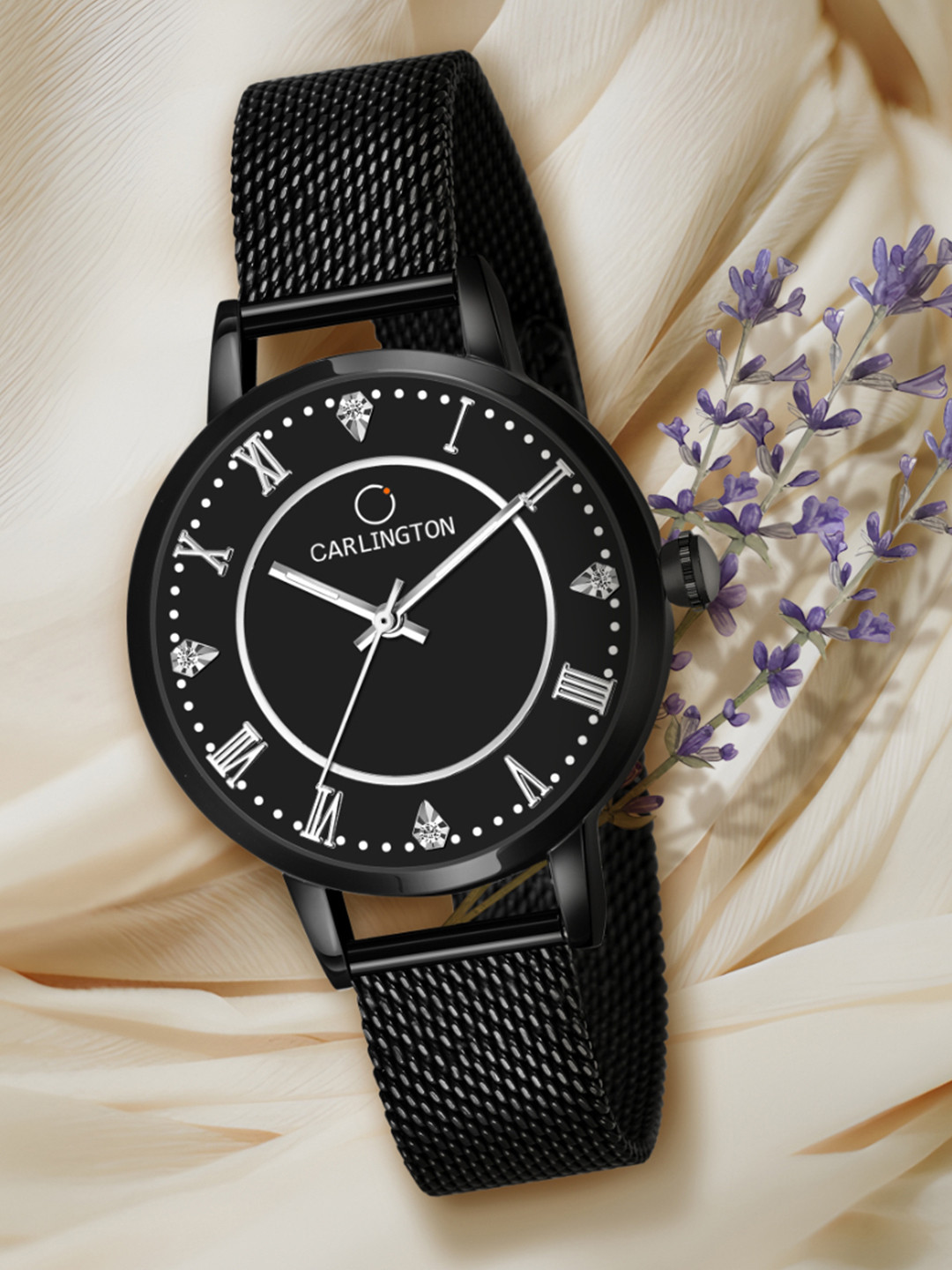 CARLINGTON Women Black Embellished Dial & Black Stainless Steel Bracelet Style Straps Analogue Watch