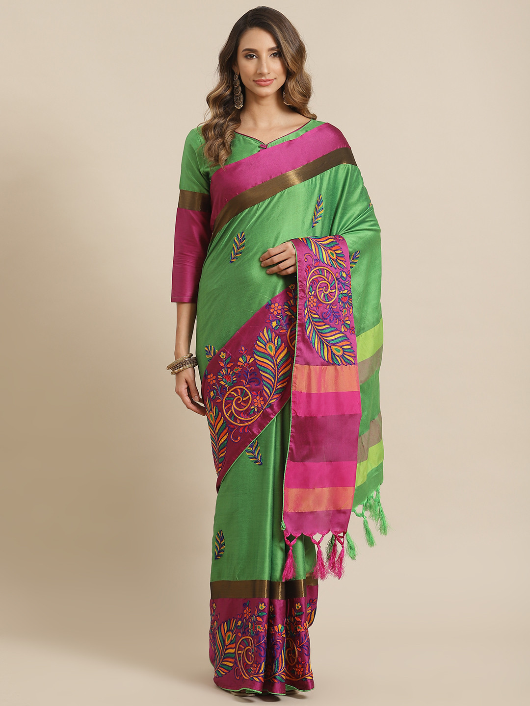 Mitera Green & Pink Ethnic Motifs Embroidered Silk Cotton Chanderi Saree