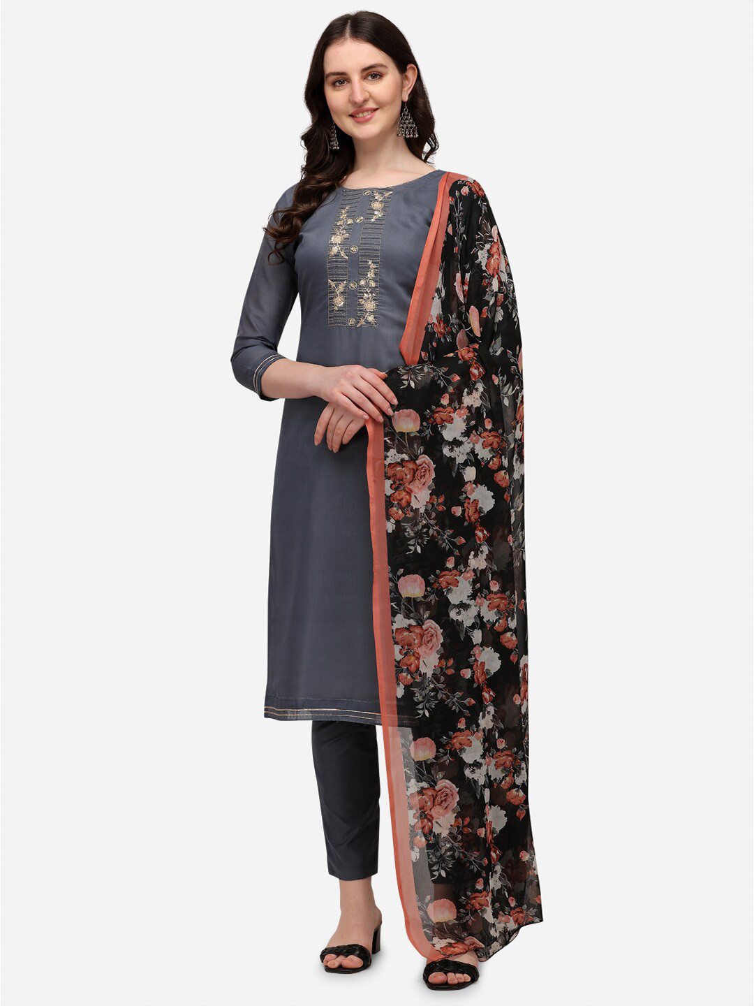 RAJGRANTH Grey & Black Embroidered Unstitched Dress Material