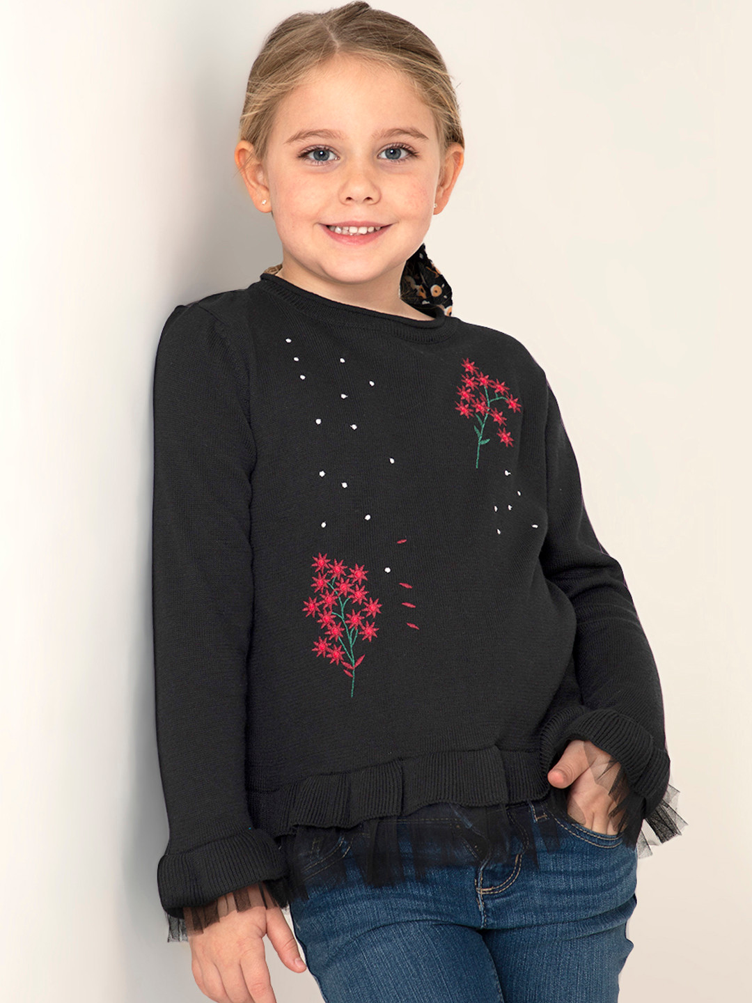 Cherry Crumble Girls Black & Maroon Floral Embroidered Net Detail Pullover