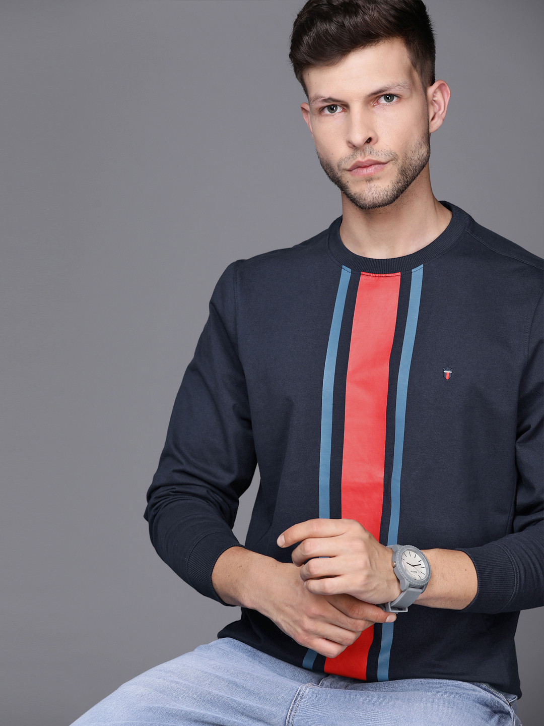 Louis Philippe Sport Men Navy Blue & Red Striped Sweatshirt