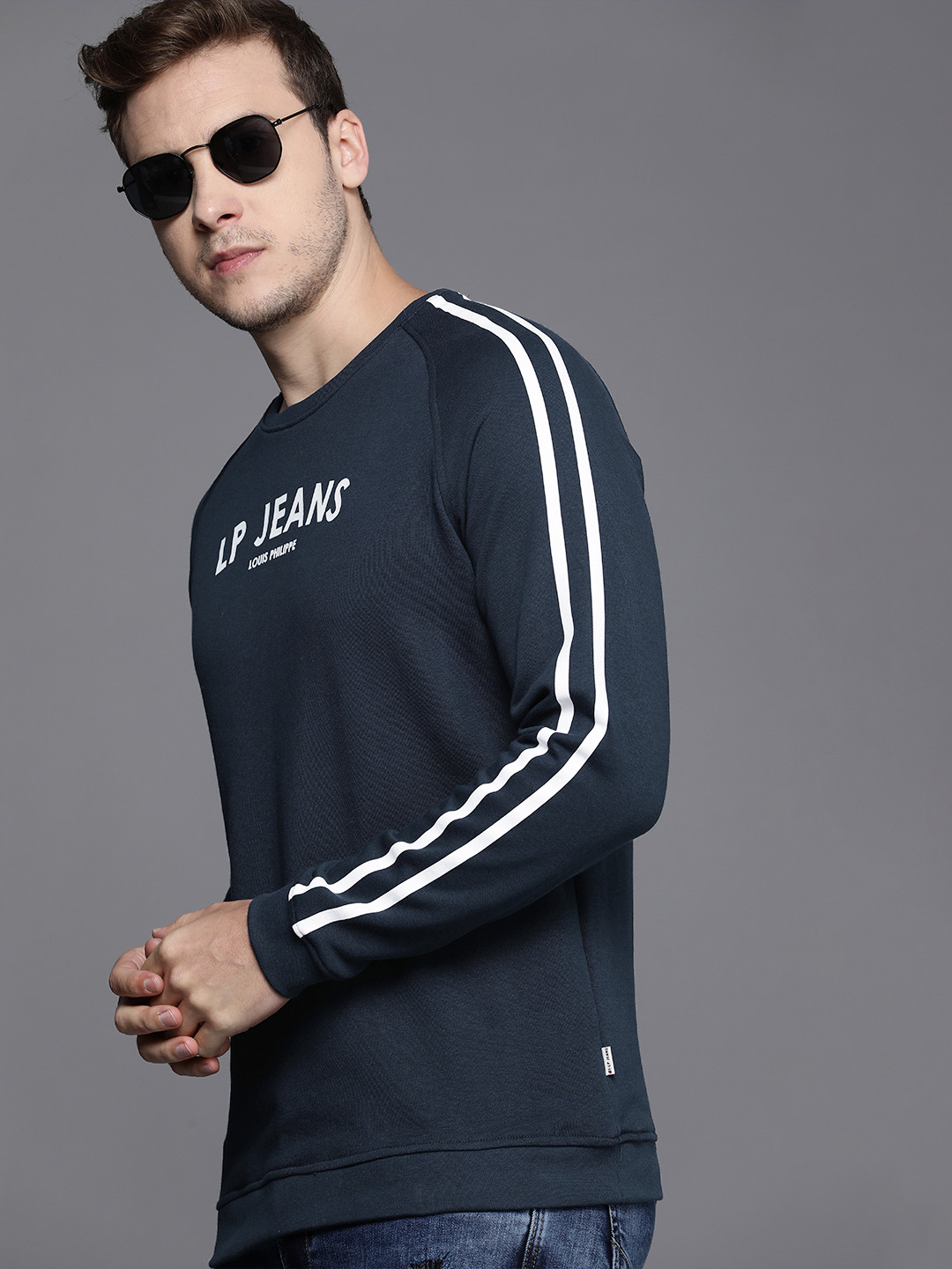 Louis Philippe Jeans Men Navy Blue & White Brand Logo Printed Round Neck Sweatshirt