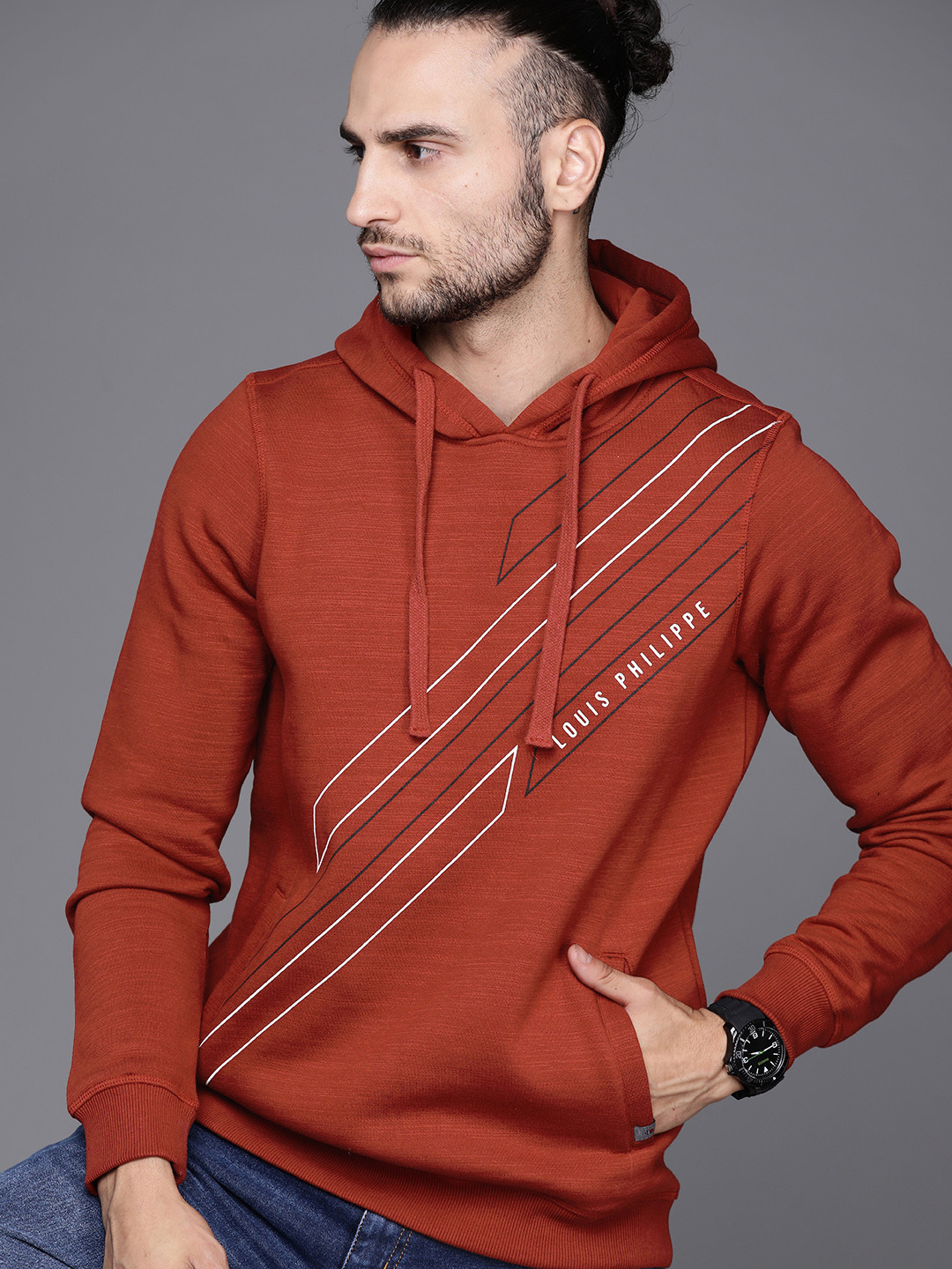 Louis Philippe Sport Men Rust Red Printed Hooded Sweatshirt
