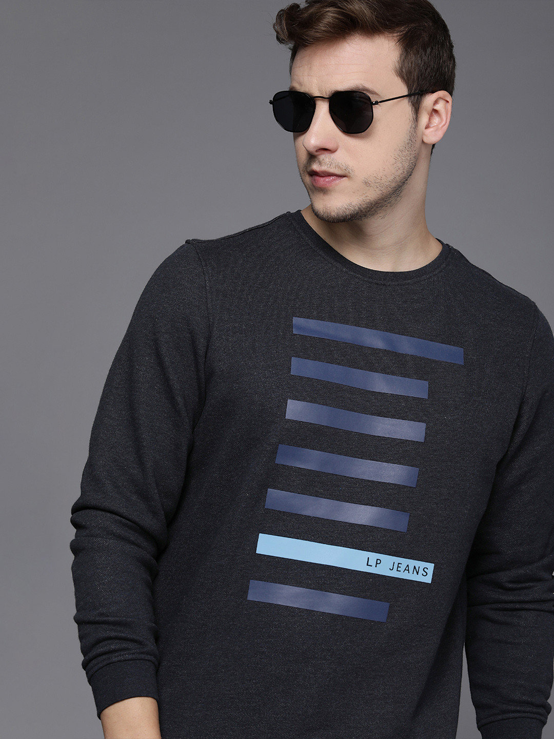 Louis Philippe Jeans Men Grey & Blue Striped Round Neck Sweatshirt