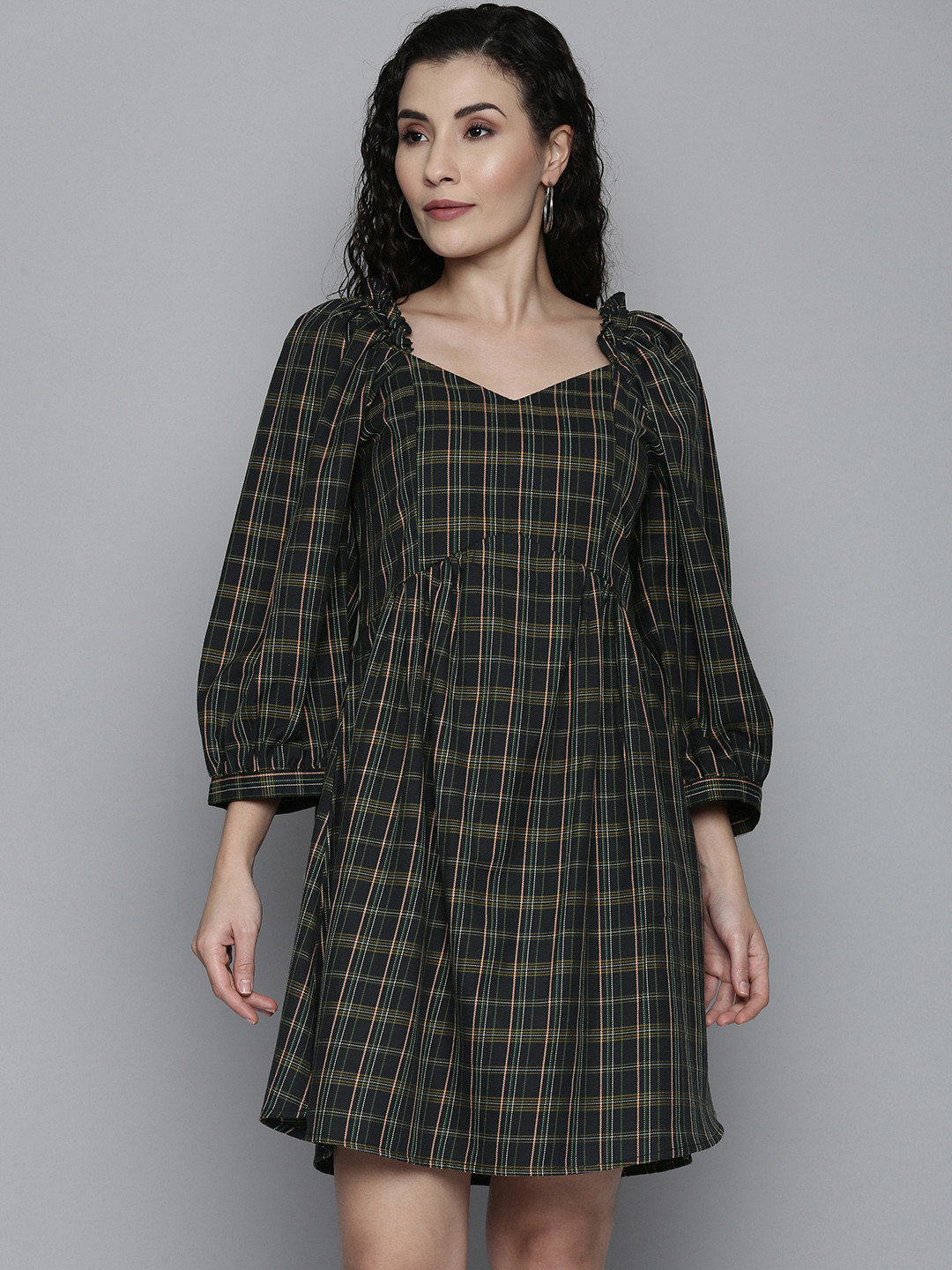 SCOUP Multicoloured Cotton Checked Fit & Flare Dress
