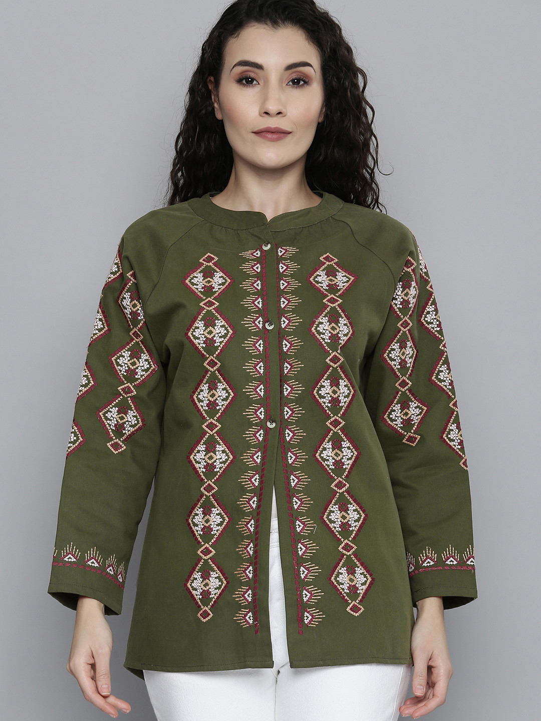 SCOUP Women Green Embroidered Twill Tailored Jacket
