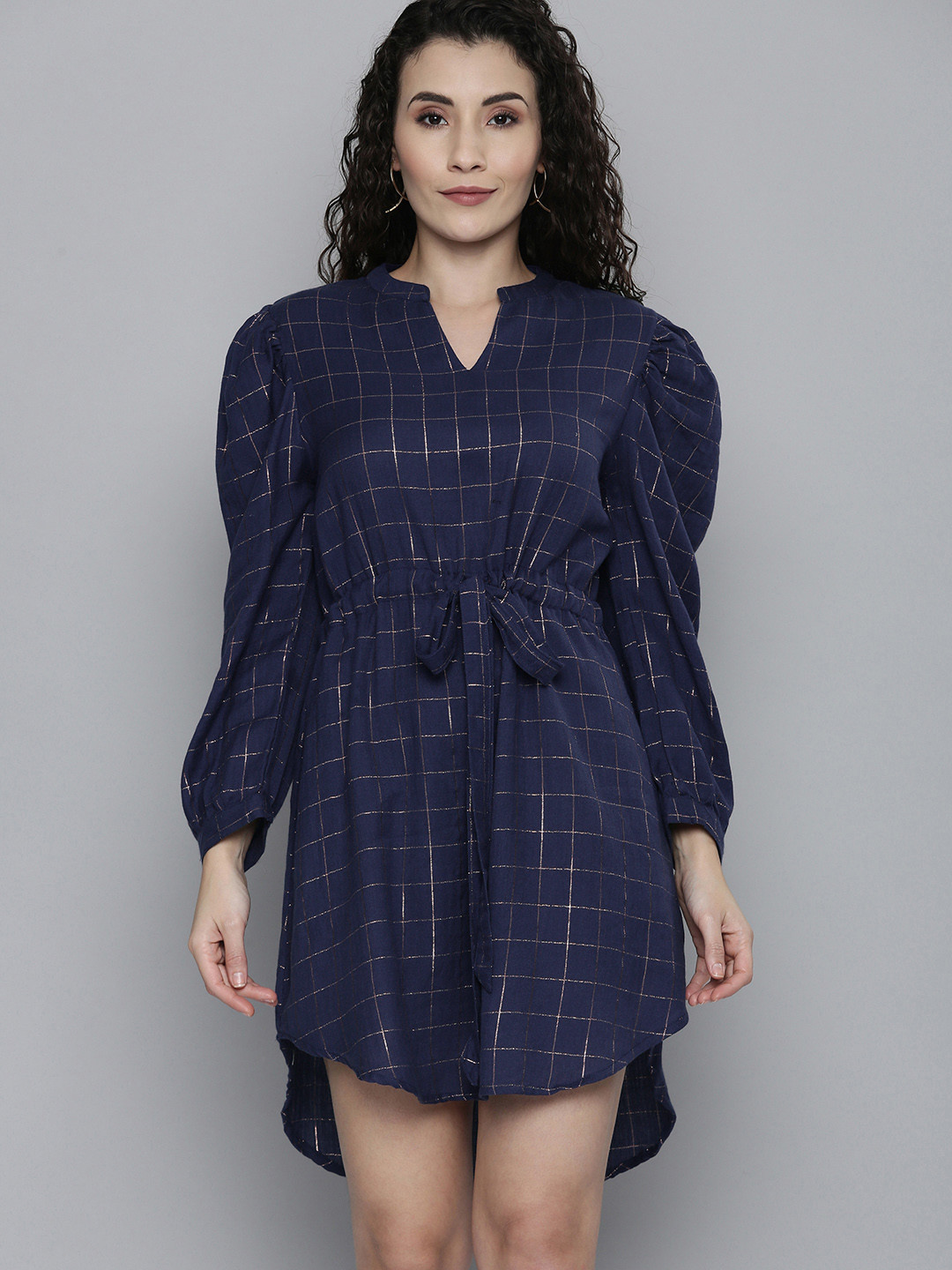 SCOUP Blue Lurex Cotton Checked Fit & Flare Dress