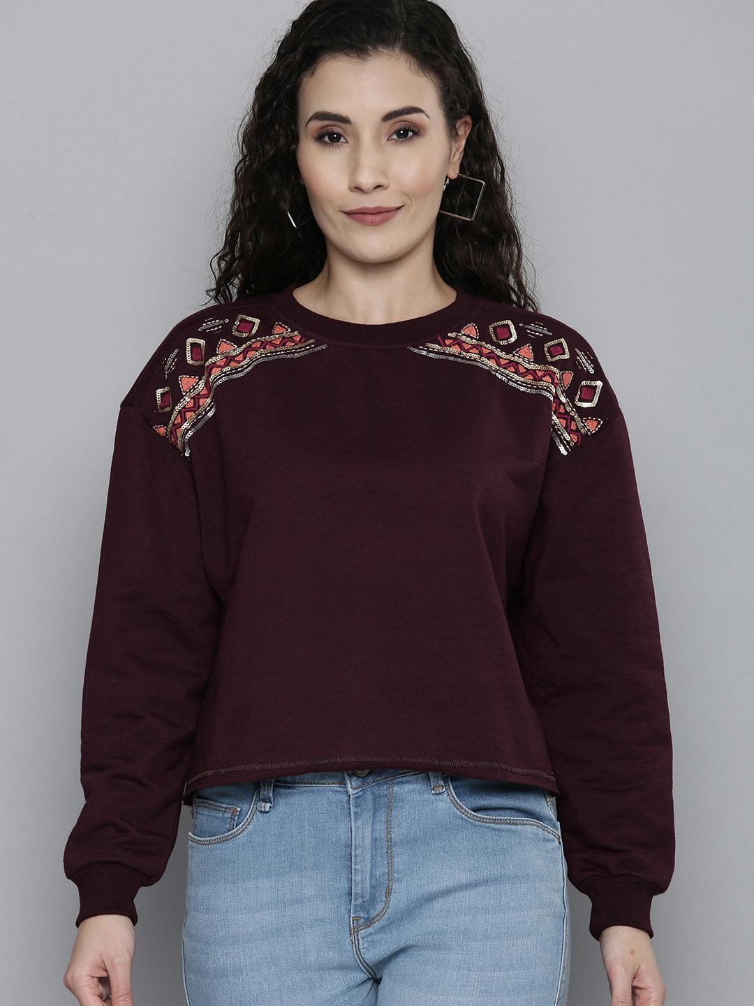 SCOUP Women Burgundy Printed Sweatshirt