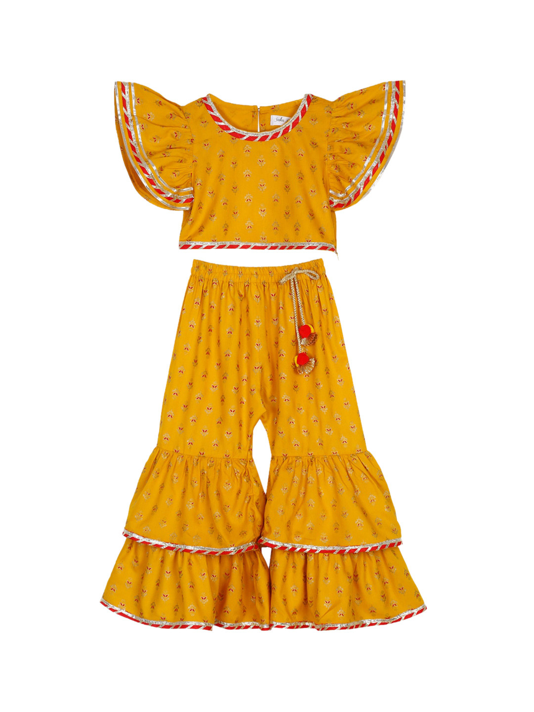 SAKA DESIGNS Girls Mustard Yellow Floral Printed Regular Top with Sharara