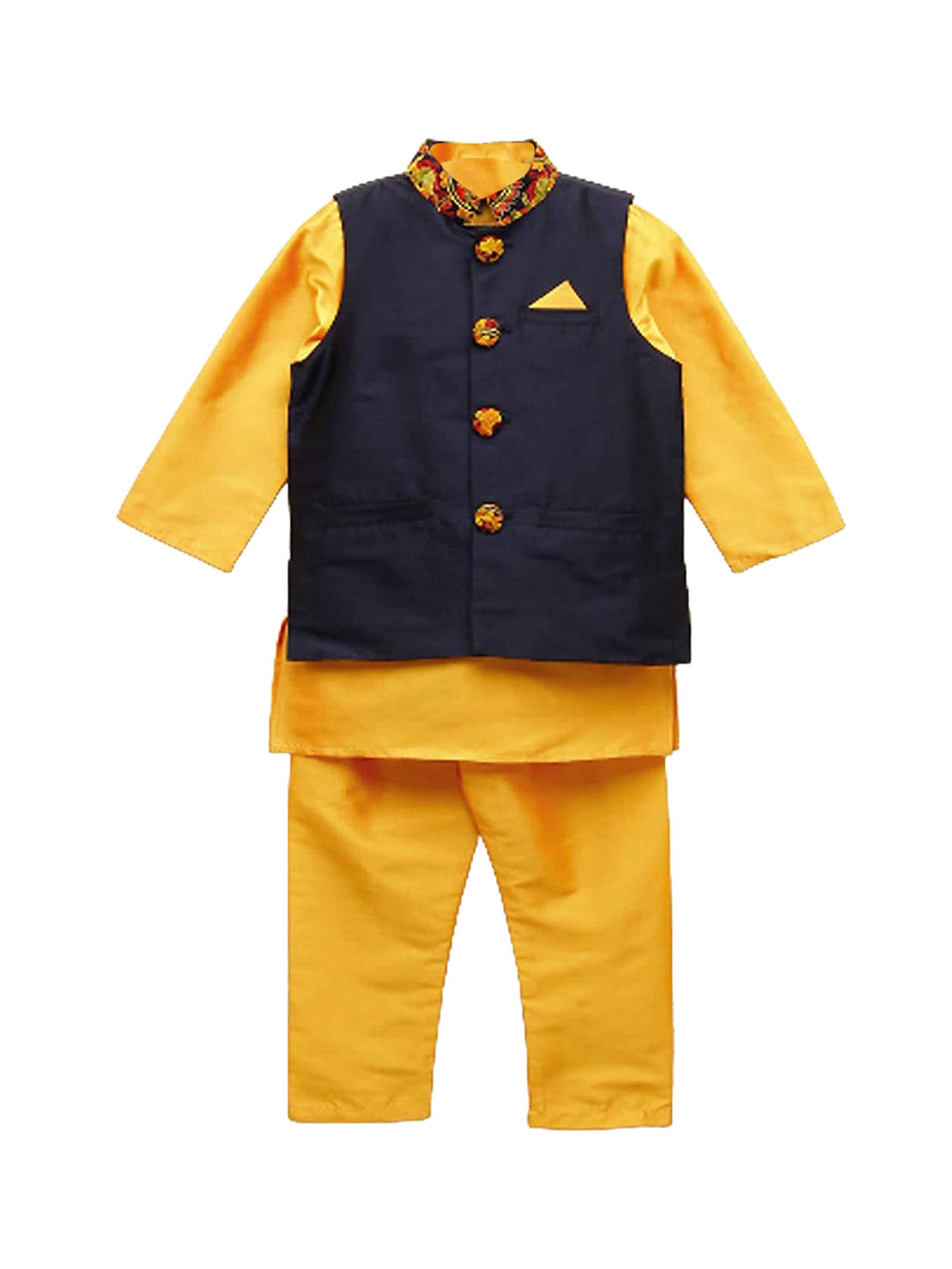 A T U N Boys Yellow Regular Kurta with Pyjamas & Nehru Jacket