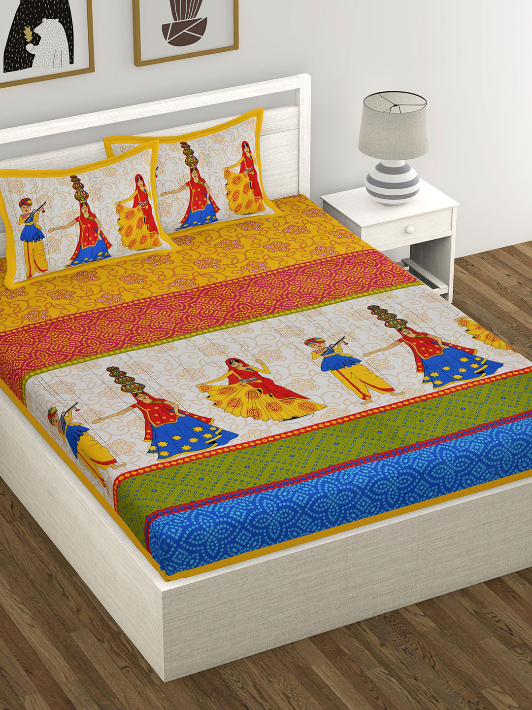 Varde Yellow & Blue Ethnic Motifs 104 TC Queen Bedsheet with 2 Pillow Covers