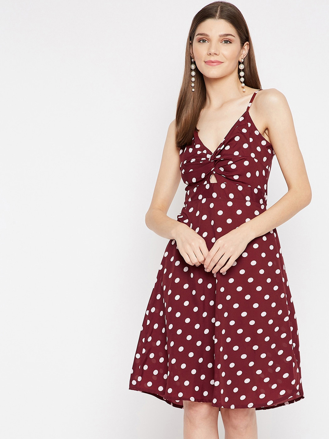 U&F Maroon & White Polka Dot Printed Crepe Dress
