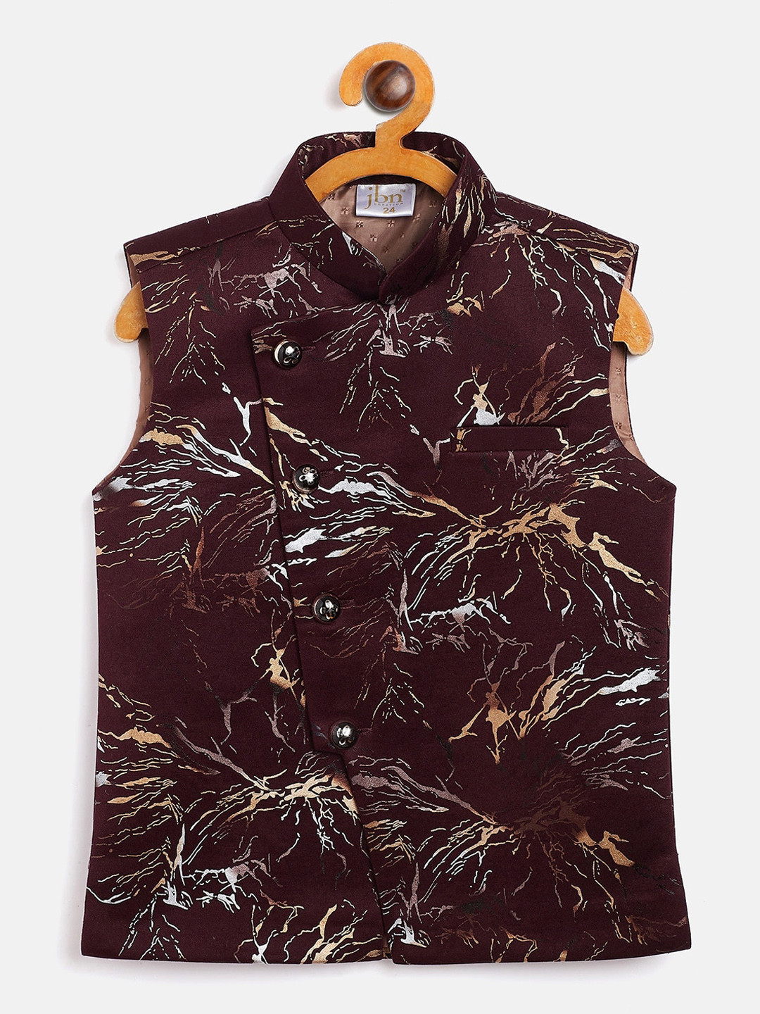 JBN Creation Boys Maroon & Beige Printed Slim-Fit Woven Nehru Jacket