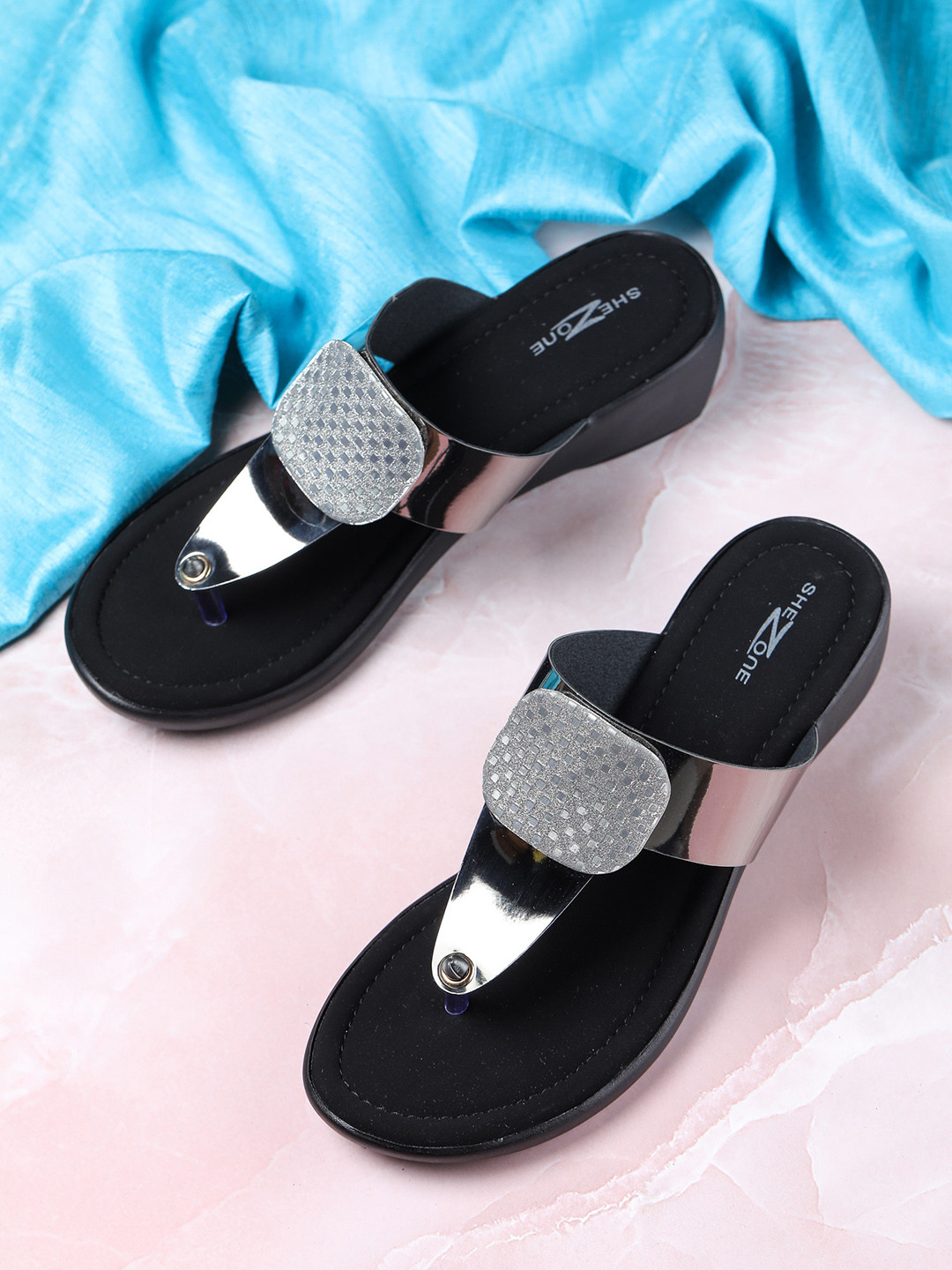 Shezone Silver-Toned & Black Wedge Sandals