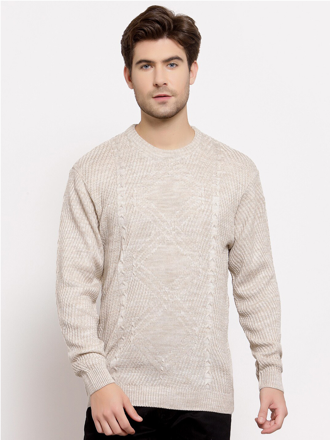 Style Quotient Men Off White Cable Knit Pullover