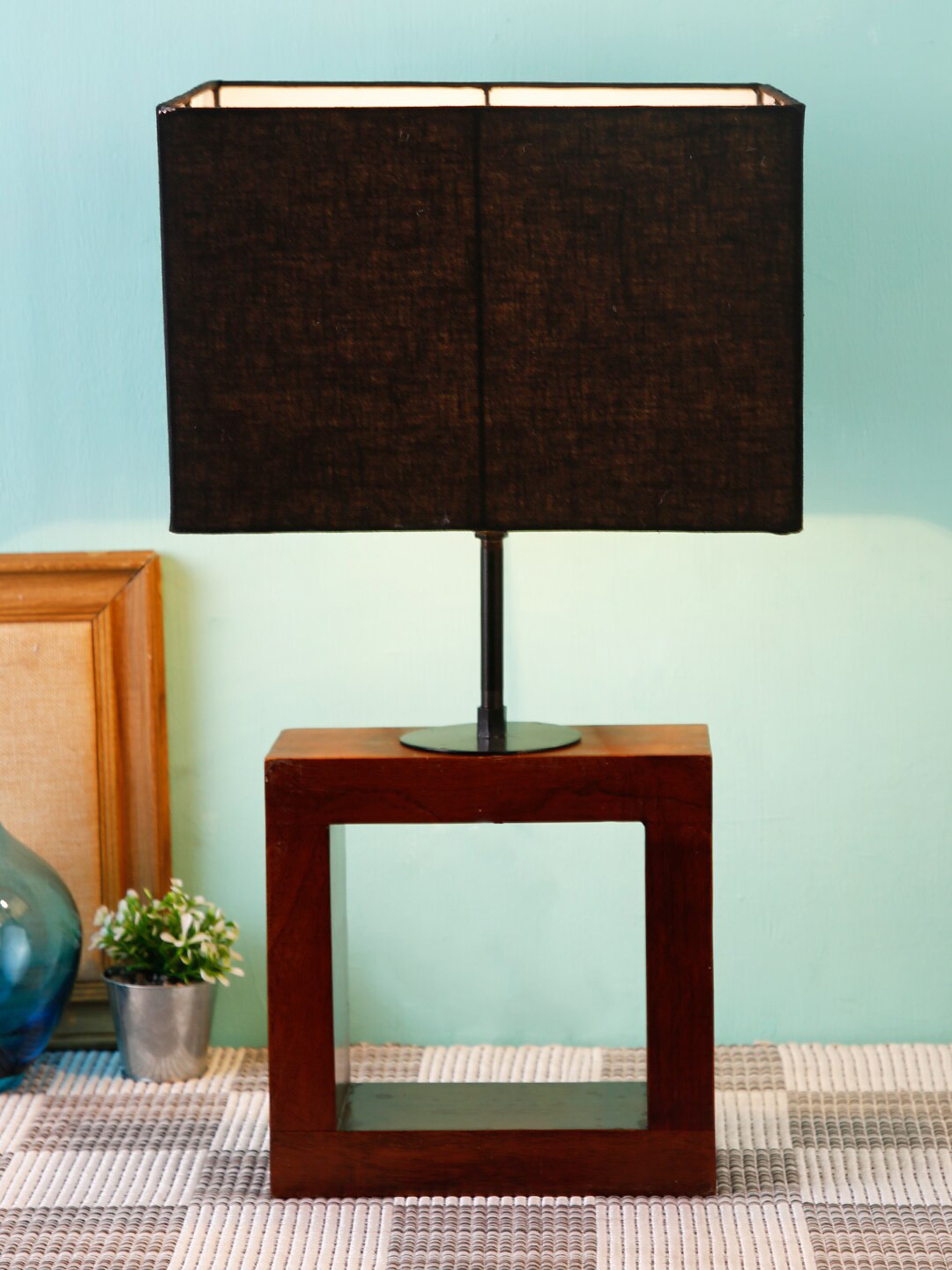 Devansh Black Square Shade Wood Table Lamp