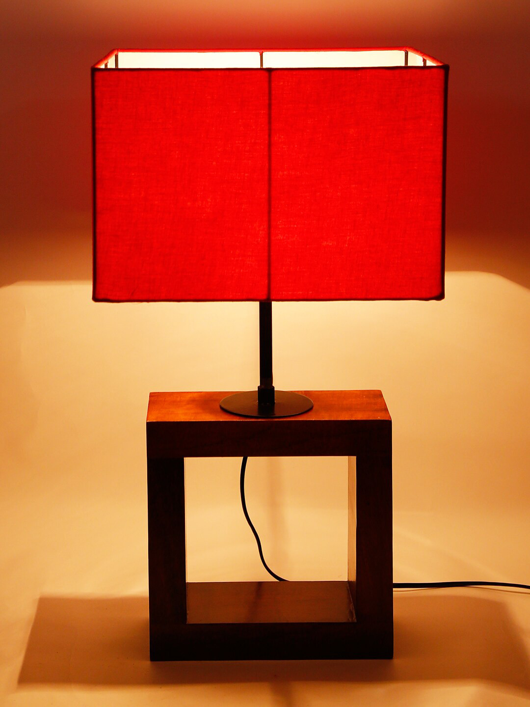 Devansh Red Square Shade Wood Table lamp