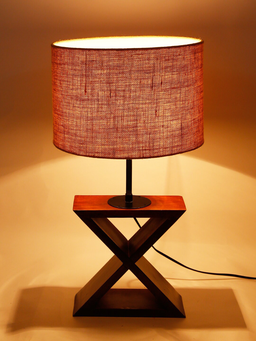 Devansh Beige Jute Shade Cross Wood Table lamp
