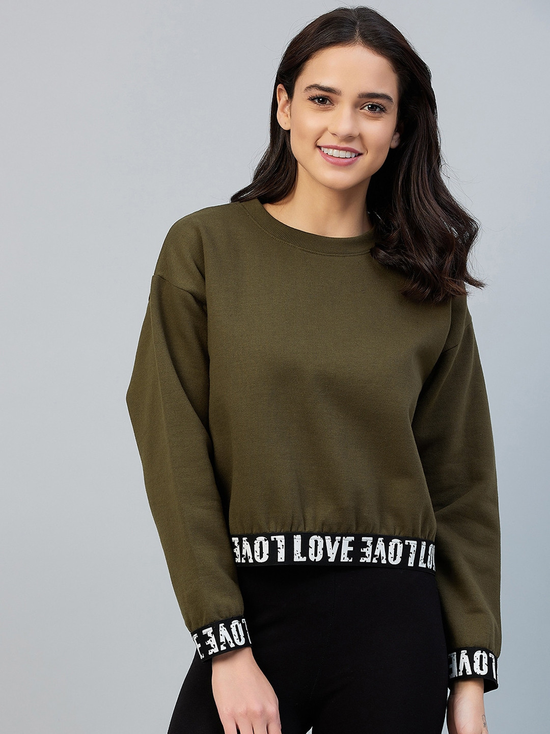StyleStone Women Olive Green Printed Fleece Sweatshirt