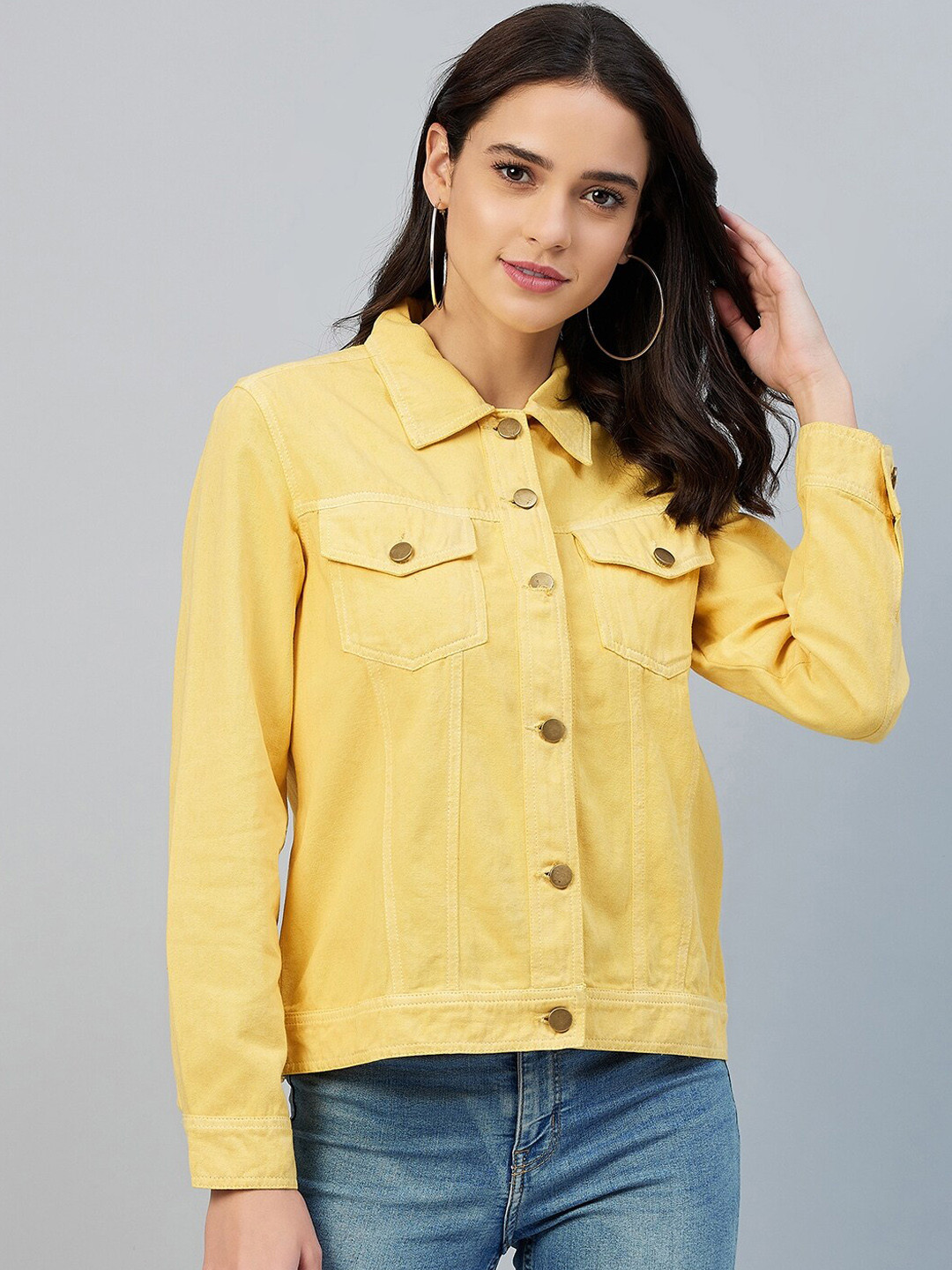 StyleStone Women Yellow Crop Outdoor Denim Jacket
