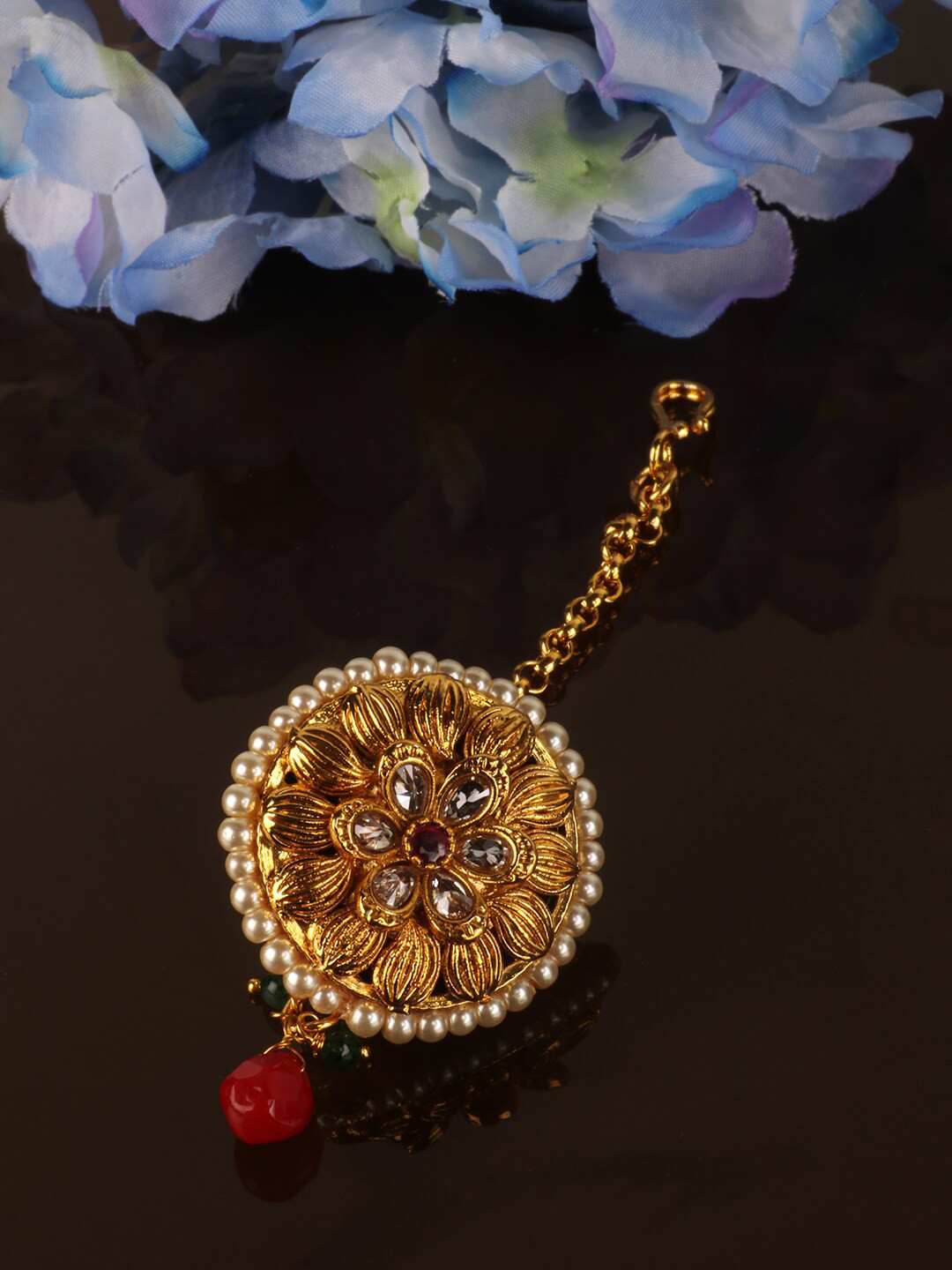 PENNY JEWELS Gold-Plated & Red Kundan-Studded & Pearl Beaded Borla Maang Tikka